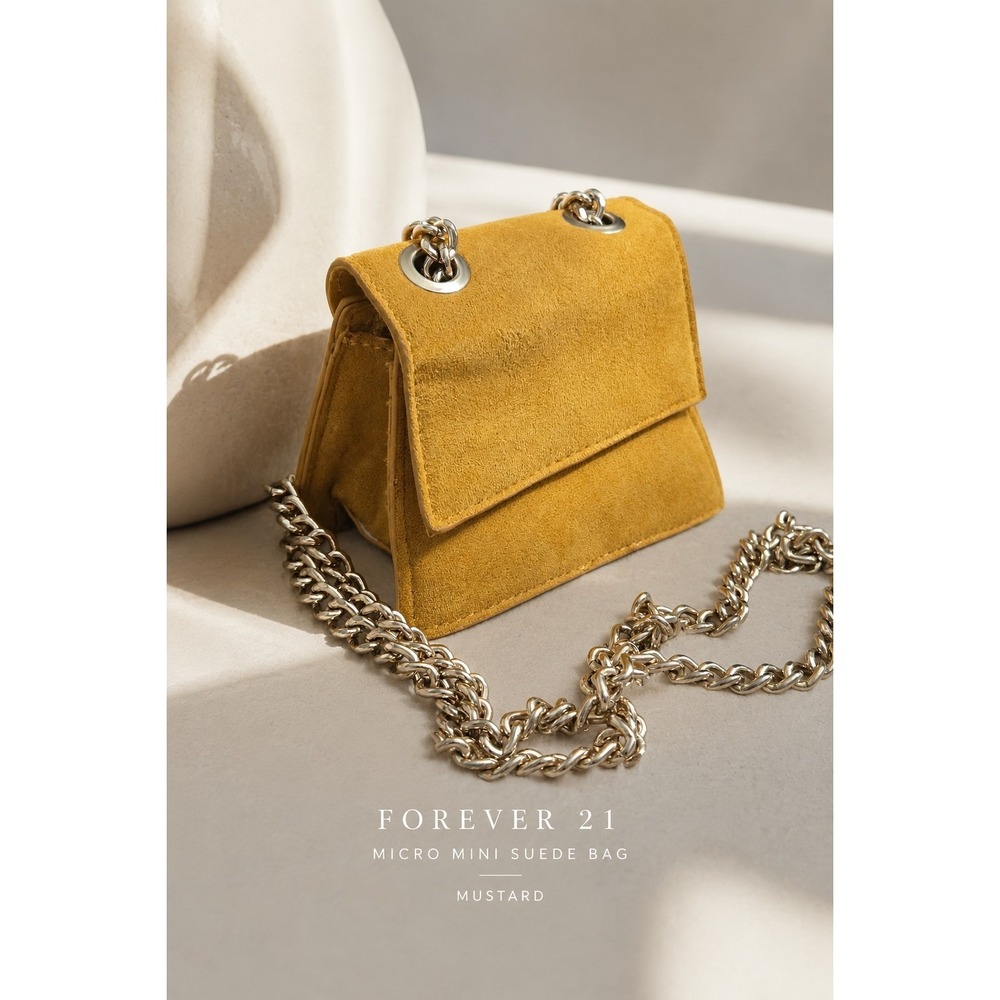 Forever 21 Mustard Yellow Suede Micro Mini Bag Gold Chain Crossbody Quiet Luxury